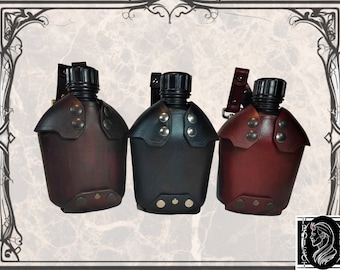 May include: Three leather-wrapped water bottles with metal accents and straps. The bottles are brown, black, and burgundy.