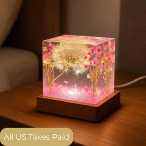 Lampe pissenlit en résine époxy, veilleuse, lampe fleur, décoration en bois, cube lumineux en résine, lumière d'ambiance, cadeau unique fait main pour la fête des mères, art en résine