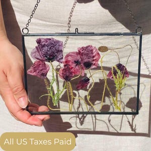 Könnte beinhalten: Ein rechteckiger Glasrahmen mit schwarzem Metallrand, der gepresste lila und rosa Blumen zeigt. Der Rahmen wird von einer zarten Kette gehalten. Die Blumen haben grüne Stiele und sind in einer natürlichen, künstlerischen Komposition angeordnet.