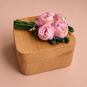 Personalized Wedding Ring Box, Wooden Ring Bearer Box with Pink Cold Porcelain Roses, Engagement Ring Box, Proposal Keepsake