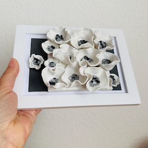 Könnte beinhalten: Ein gerahmtes Kunstwerk mit weißen, geformten Blumen mit schwarzen Zentren vor einem schwarzen Hintergrund. Die Blumen sind in einem weißen Rahmen zu einer Gruppe angeordnet, wodurch ein 3D-Effekt entsteht. Das Kunstwerk wird von einer Hand gehalten.