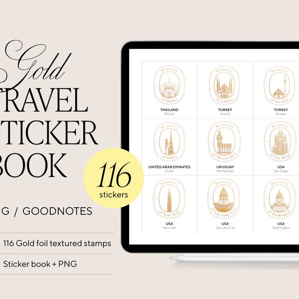 Travel bucket list stickers | Travel sticker book | Digital travel journal stamps | Digital travel planner stickers | GoodNotes | PNG