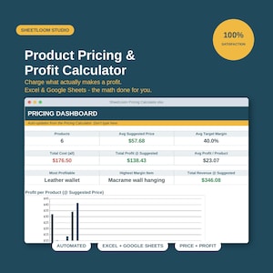 May include: A digital product pricing and profit calculator dashboard for Excel and Google Sheets. The interface displays a pricing dashboard with data fields for products, suggested prices, margins, costs, and profits, plus a bar chart for profit per product.