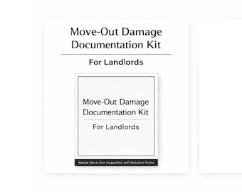 May include: A white document with the text "Move-Out Damage Documentation Kit For Landlords" is displayed. A smaller version of the document is in the center. The bottom of the document reads "Rental Move-Out Inspection and Deduction Forms."