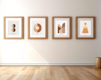 May include: Four framed art prints with abstract designs and inspirational words. The prints feature geometric shapes in neutral tones of brown, beige, and orange. The words "Balance", "Calm", "Courage", and "Joy" are printed below the designs.