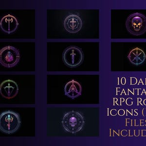 May include: Ten dark fantasy RPG role icons in PNG format. Each icon features a different design, including an axe, anchor, skull, potion bottle, sword, and bow and arrow. The icons are in shades of purple, pink, and blue, with a dark background.