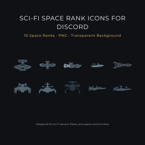 May include: A dark image featuring sci-fi space rank icons for Discord. Ten spaceship designs in grey and red are displayed. Text at the top reads "SCI-FI SPACE RANK ICONS FOR DISCORD". The image is designed for sci-fi servers, fleets, and space communities.