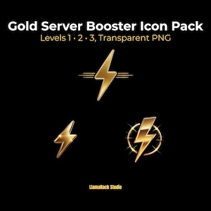 May include: Gold Server Booster Icon Pack graphic on a black background. The pack includes three gold lightning bolt icons, each with a unique design. Text at the top reads "Gold Server Booster Icon Pack Levels 1, 2, 3, Transparent PNG."