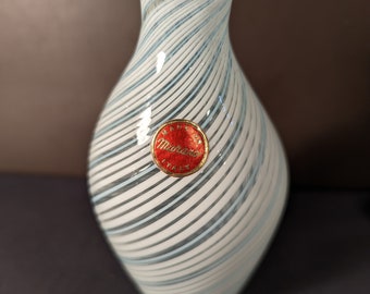 Mid-Century Modern Blown Murano Glass Vase White Mint Green Swirl Italy