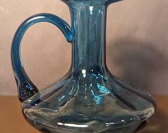 Rare  BLENKO Glass Blue Optic Paneled Pitcher W/ Applied Handle