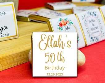 18th 21st 30th 40th 50th 60th 70th 80th Personalised Birthday Chocolate, Birthday Party Favours, Gold or Silver Text Neapolitan Chocolate