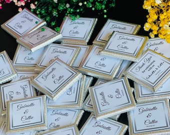 50 recuerdos de boda de chocolate personalizados: chocolate con leche con lámina dorada o plateada