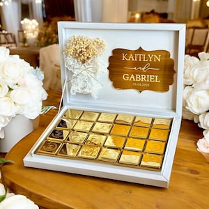 Cadeaux personnalisés en or, argent et rose - Cadeaux de mariage en chocolat personnalisés - Cadeaux en plexiglas pour invité (AVEC BOÎTE)