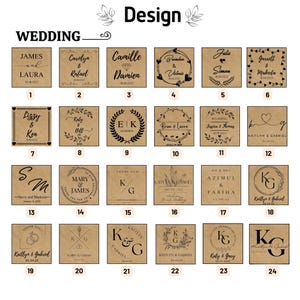 May include: A collection of 24 square, brown wedding favor tags with various names, dates, and designs. The tags feature names like James & Laura, Carolyn & Rafael, and others, with decorative elements.