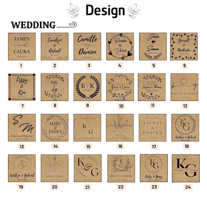 May include: A collection of 24 square, brown wedding favor tags with various names, dates, and designs. The tags feature names like James & Laura, Carolyn & Rafael, and others, with decorative elements.