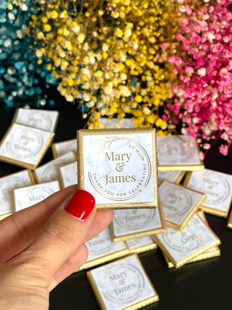 50 Wedding Chocolate Favours Personalised Chocolate Gold or Silver Foil Milk Chocolate image 1