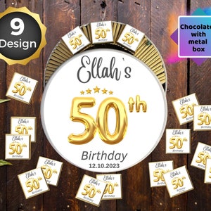 50 gepersonaliseerde chocolade, 50e verjaardag gepersonaliseerde chocolade, bedankjes verjaardagsfeestje, gouden of zilveren tekst Napolitaanse tafeldecoratie