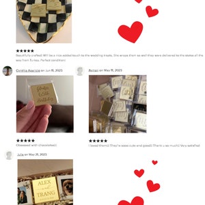 May include: Gold-colored chocolate squares with personalized text and images. Some chocolates are in clear plastic packaging. The chocolates are arranged in a heart-shaped dish and a box. The text includes names and dates.