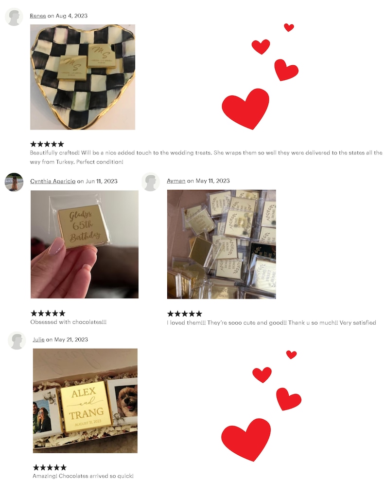 May include: Gold-colored chocolate squares with personalized text and images. Some chocolates are in clear plastic packaging. The chocolates are arranged in a heart-shaped dish and a box. The text includes names and dates.