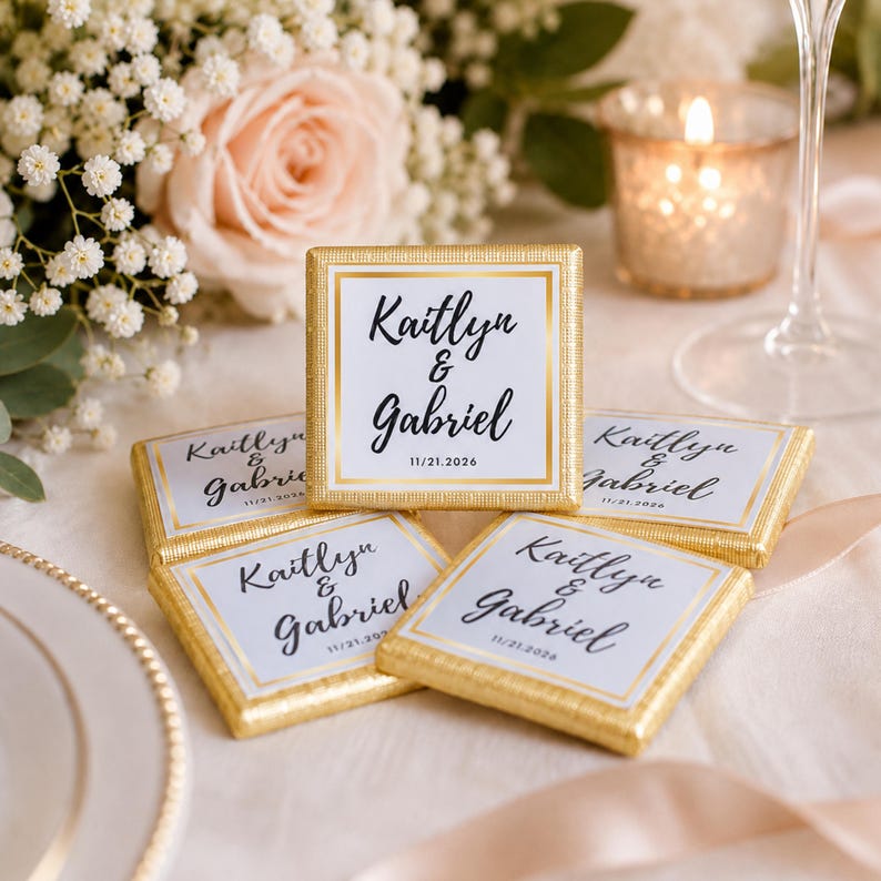 K&ouml;nnte beinhalten: F&uuml;nf quadratische Schokoladentafeln in strukturierter goldener Folie. Jede Tafel hat ein wei&szlig;es Etikett mit goldenem Rand, bedruckt mit den Namen Kaitlyn & Gabriel in schwarzer Schreibschrift und dem Datum 11.21.2026 in schwarzer Schrift.