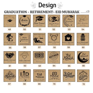 May include: A collection of square designs with various themes, including graduation, retirement, and Eid Mubarak. The designs feature text and graphics, such as graduation caps, laurel wreaths, clocks, and crescent moons. The color scheme is primarily brown and black.