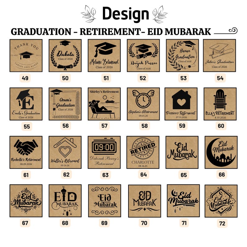 May include: A collection of square designs with various themes, including graduation, retirement, and Eid Mubarak. The designs feature text and graphics, such as graduation caps, laurel wreaths, clocks, and crescent moons. The color scheme is primarily brown and black.