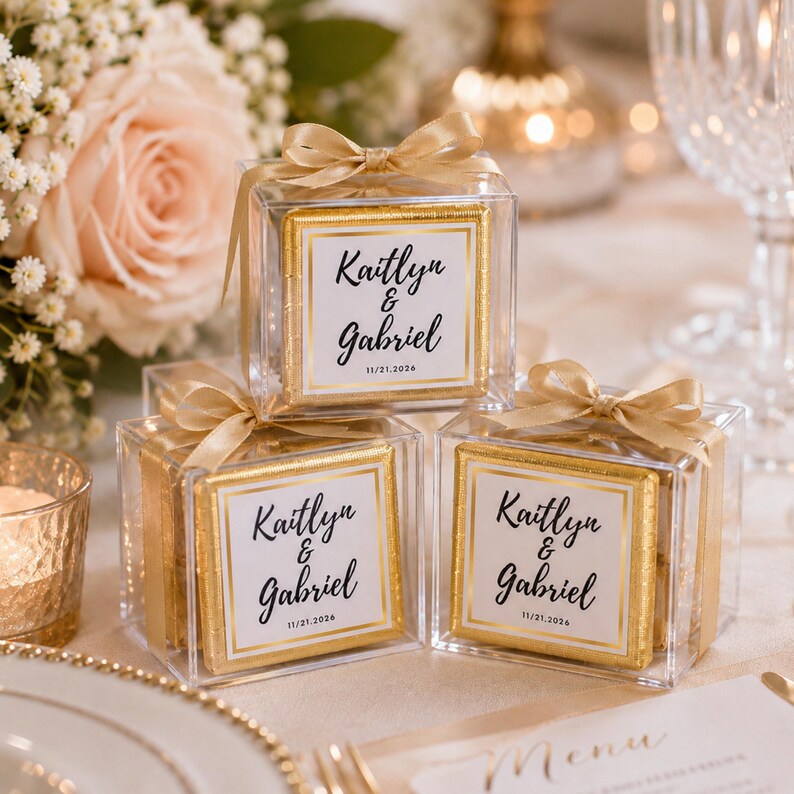 K&ouml;nnte beinhalten: Drei quadratische, durchsichtige Kunststoffschachteln mit goldverpackten Pralinen. Jede Schachtel ist mit einem goldenen Band verziert und tr&auml;gt ein wei&szlig;es Etikett mit goldenem Rand, bedruckt mit den Namen Kaitlyn & Gabriel und dem Datum 11.21.2026.