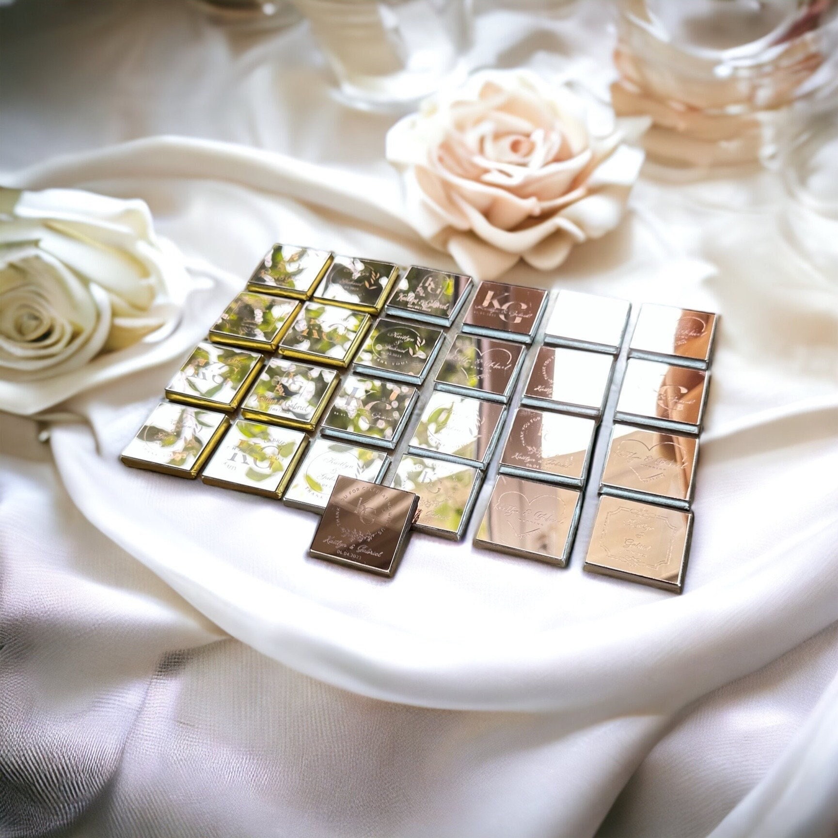 50 cadeaux en chocolat miroir rose, cadeaux de mariage pour invités, chocolat or ou argent, cadeaux de mariage, chocolat en plexiglas personnalisé