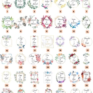 K&ouml;nnte beinhalten: Eine Sammlung von zweiundvierzig verschiedenen Hochzeits-Einladungsdesigns, die in einem Raster angeordnet sind. Jedes Design zeigt einzigartige Blumenarrangements, geometrische Rahmen und personalisierte Namen mit Daten in verschiedenen Aquarellstilen.
