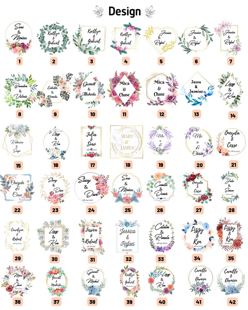 K&ouml;nnte beinhalten: Eine Sammlung von zweiundvierzig verschiedenen Hochzeits-Einladungsdesigns, die in einem Raster angeordnet sind. Jedes Design zeigt einzigartige Blumenarrangements, geometrische Rahmen und personalisierte Namen mit Daten in verschiedenen Aquarellstilen.