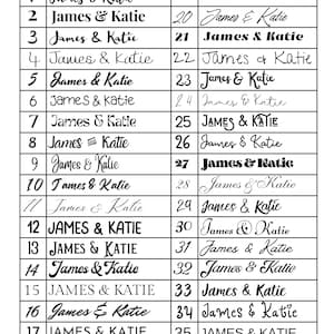 以下が含まれることがあります： 「James & Katie」の名前の36種類のフォントオプションが記載された白いシート。各フォントの選択肢は黒い長方形で表示され、左側にフォント番号が記載されています。