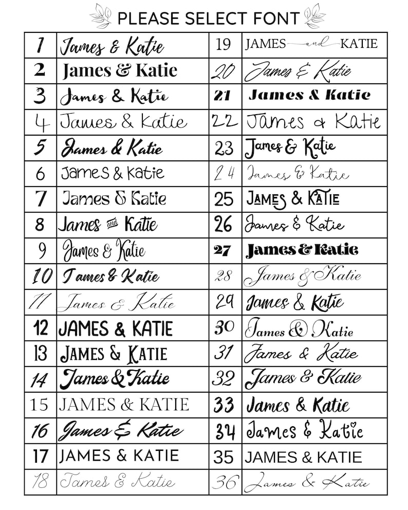 以下が含まれることがあります： 「James & Katie」の名前の36種類のフォントオプションが記載された白いシート。各フォントの選択肢は黒い長方形で表示され、左側にフォント番号が記載されています。