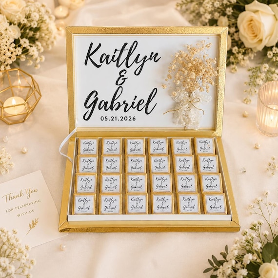 50 Pcs Luxury Chocolate Wedding Favors, Personalized Milk Chocolates, Gold or Silver Chocolate Favors, Wedding Table Decor