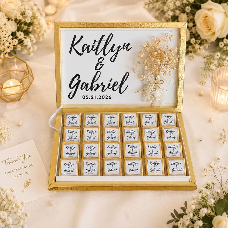 K&ouml;nnte beinhalten: Eine gold umrandete rechteckige Schachtel mit vierundzwanzig quadratischen Pralinen, jeweils in Goldfolie gewickelt mit einem wei&szlig;en Etikett, bedruckt mit den Namen Kaitlyn & Gabriel und dem Datum 05.21.2026. Der Deckel zeigt dieselben Namen und getrocknete Blumen.