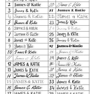 K&ouml;nnte beinhalten: Eine schwarz-wei&szlig;e Schriftart-Auswahltabelle mit der &Uuml;berschrift PLEASE SELECT FONT, die sechsunddrei&szlig;ig nummerierte Zeilen enth&auml;lt. Jede Zeile zeigt die Namen James & Katie in einer einzigartigen Schriftart, von fett bis kursiv.