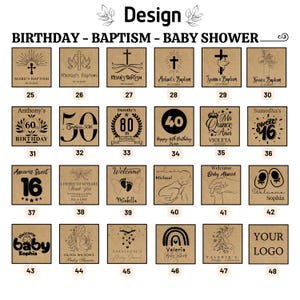 May include: A collection of square, kraft paper-style designs for various celebrations. Designs include crosses, baptism details, birthday milestones, baby shower themes, and a space for a logo. Text includes names, dates, and event types.