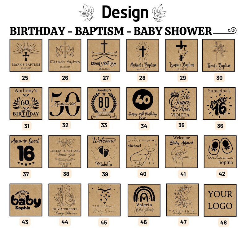 Op de afbeelding: Een verzameling vierkante ontwerpen van kraftpapier voor verschillende vieringen. Ontwerpen omvatten kruisen, doopsymbolen, verjaardagsgetallen, babyshowerthema's en tekst zoals "Welkom Baby" en "Uw logo".
