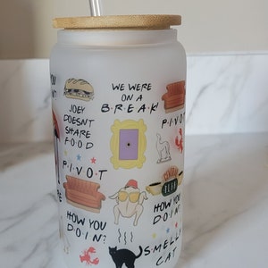 FRIENDS Cup With Bamboo Lid & Straw, 16oz or 20oz FRIENDS Glass Tumbler, Iced Coffee Mug, Iced Tea Glass, Beer Glass