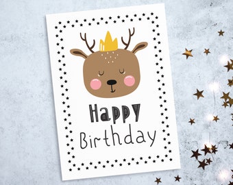 Cute Printable Birthday Card, Cartoon Deer, Digital Download