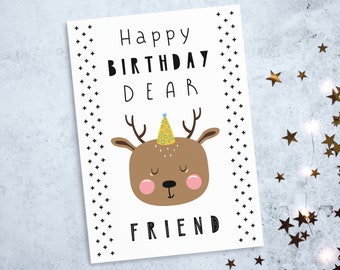 Kids Printable Birthday Card, Cute Deer, Digital Download