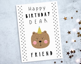 Cartoon Printable Birthday Card, Adorable Bear, Digital Download