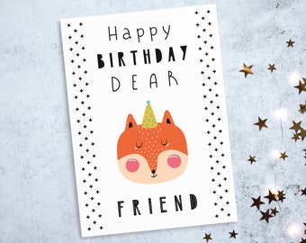 Kids Printable Birthday Card, Cute Fox, Digital Download