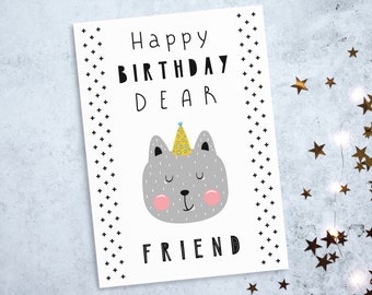 Kids Printable Birthday Card, Cute Kitty, Digital Download