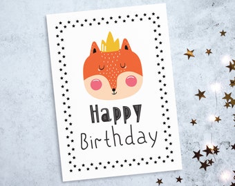 Cute Printable Birthday Card, Cartoon Fox, Digital Download