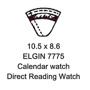 May include: Black and white line drawing of a watch face with a brown band. The text below reads "10.5 x 8.6 ELGIN 7775 Calendar watch Direct Reading Watch".