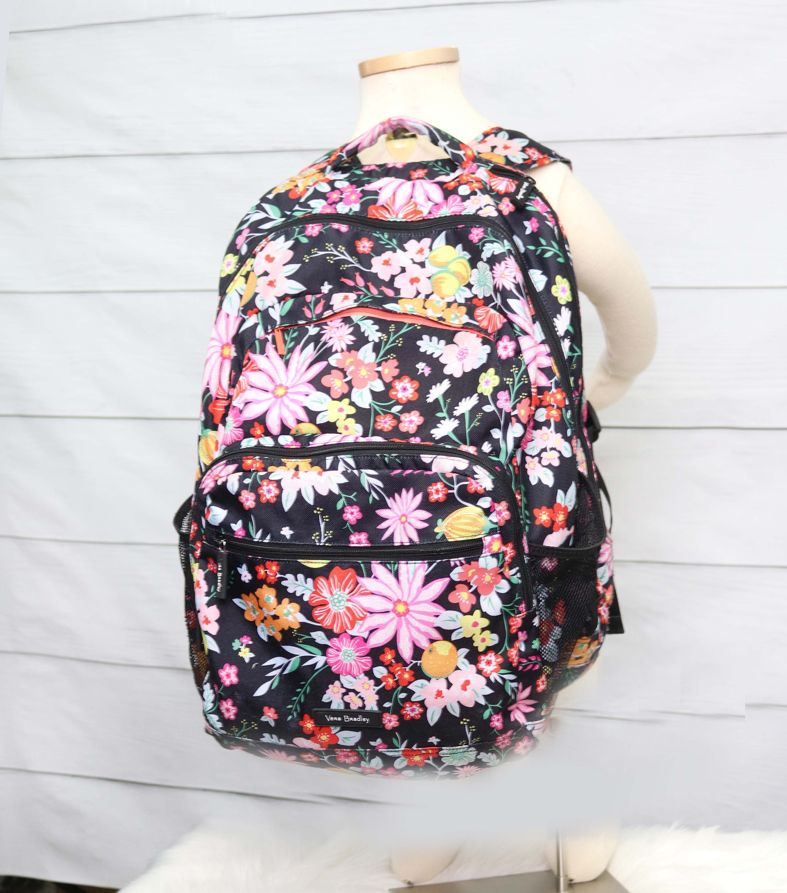 Vera Bradley Floral Backpack With Inside and Outside Zippered Compartments  18 X 13.5 X 7.5, Retired Pattern Backpack, Tech School Bag 