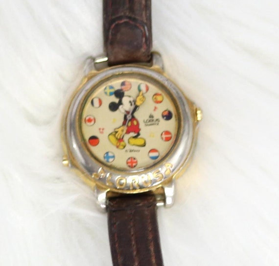 Vintage Lorus Seiko Mickey Mouse Watch Musical It\'s Small World Brown Band Rare Vintage Lorus Mickey Mouse Watch Leather World Flags  main image 3