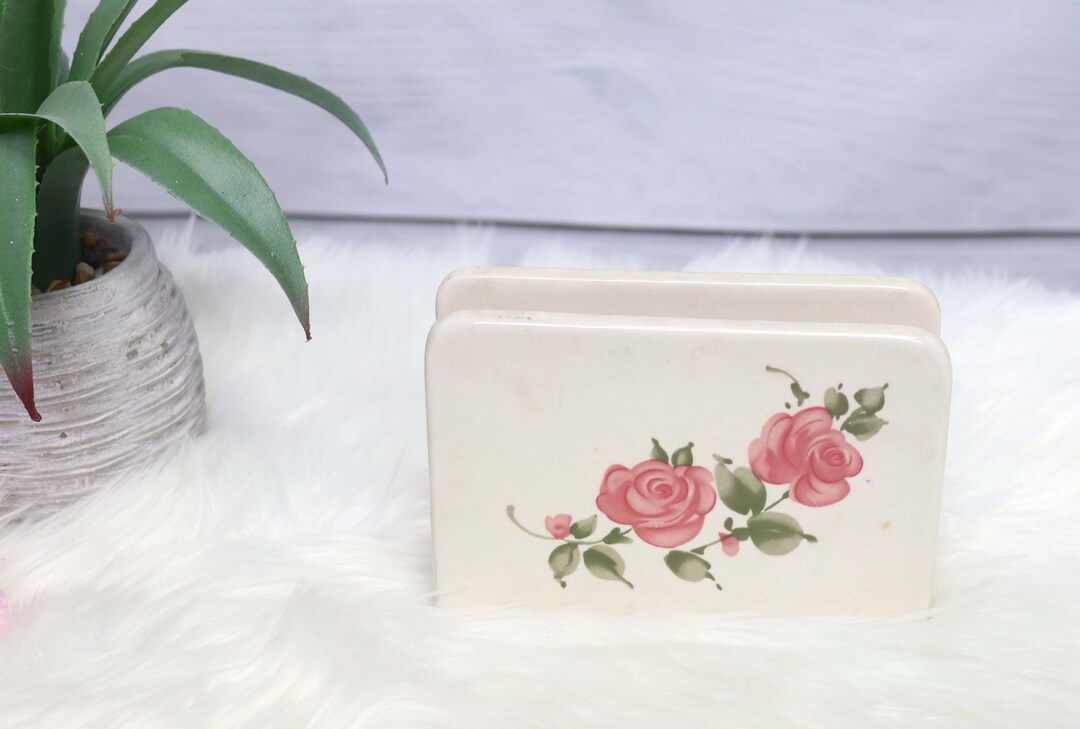 Gibson White Ceramic Napkin Holder With Pink Roses. Gibson Ceramic