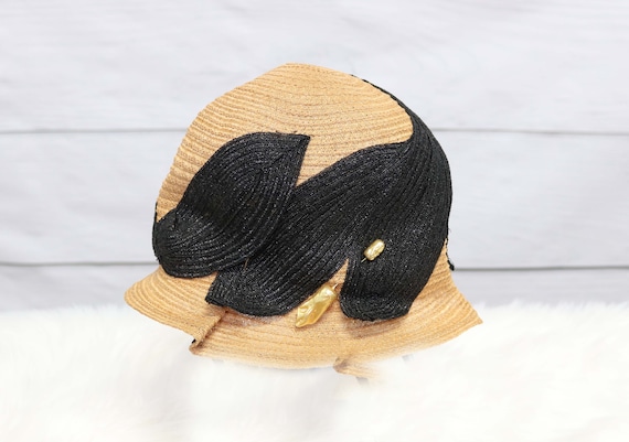 Natural Straw and Black Straw 1920’s Cloche Hat, … - image 3