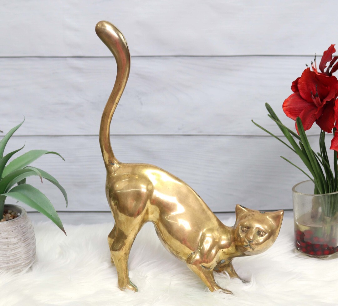 Large Heavy Brass Cat Figure, MCM Cat, Brass Cat Figurine Cat Lover